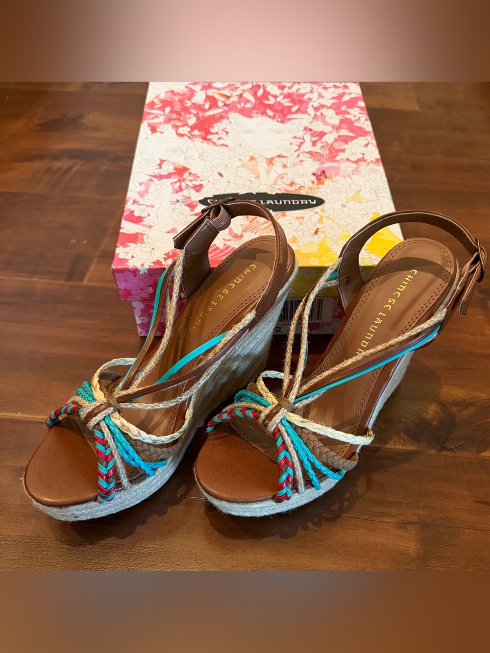 Chinese Laundry Women’s Brown Wedge Sandals with Multicolor Braided Straps